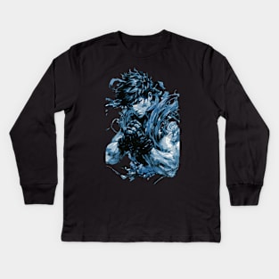 Ryu from Street Fighter in Fighting Pose with Furious Face in Ink Painting Style Kids Long Sleeve T-Shirt